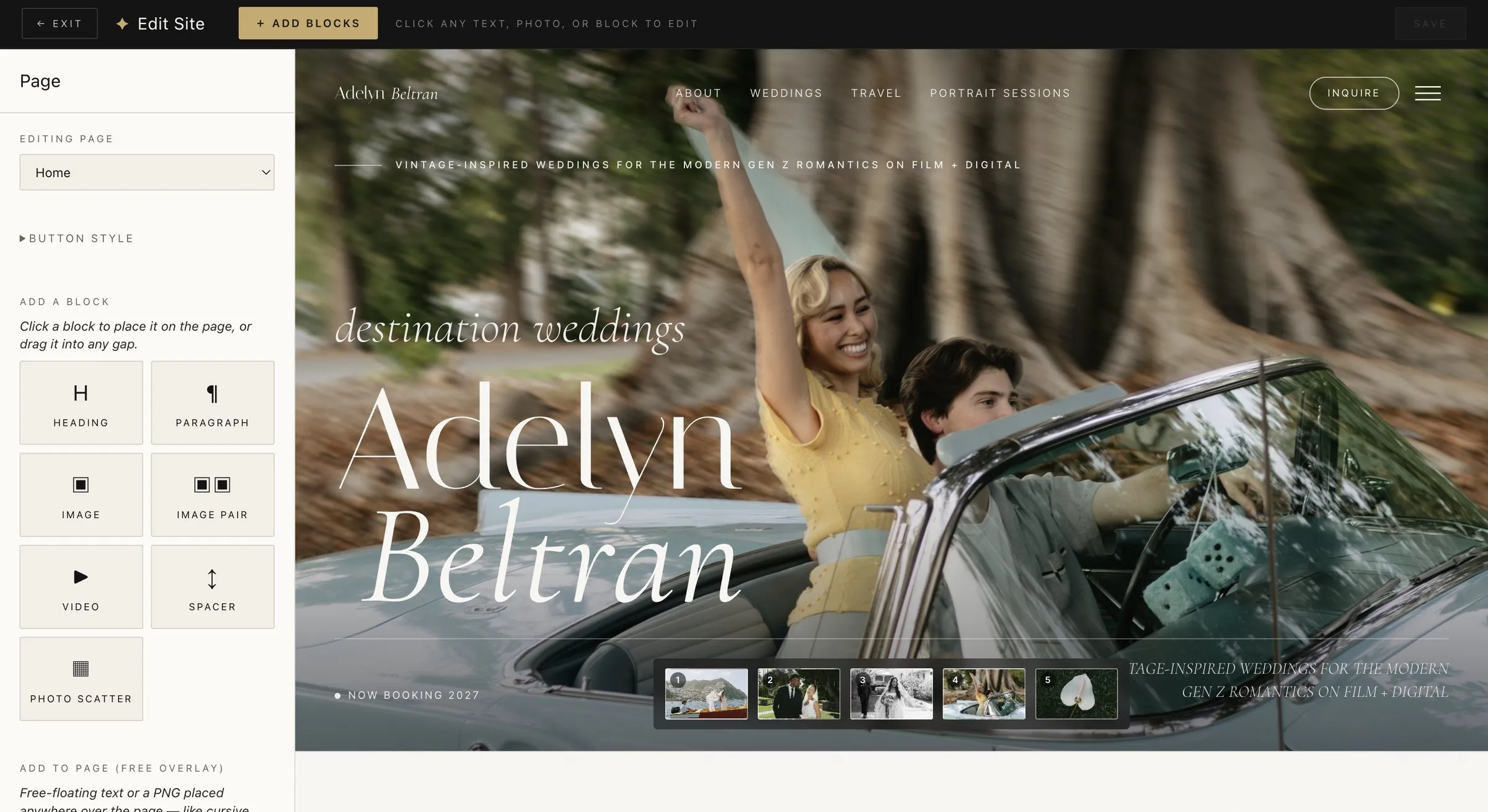 The built-in site editor open on Adelyn Beltran Photography's live homepage